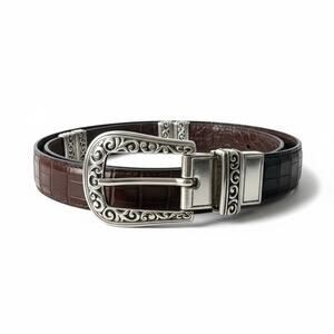 Brighton Leather Belt Women Medium Reversible Brown Black Croc Silver Buckle